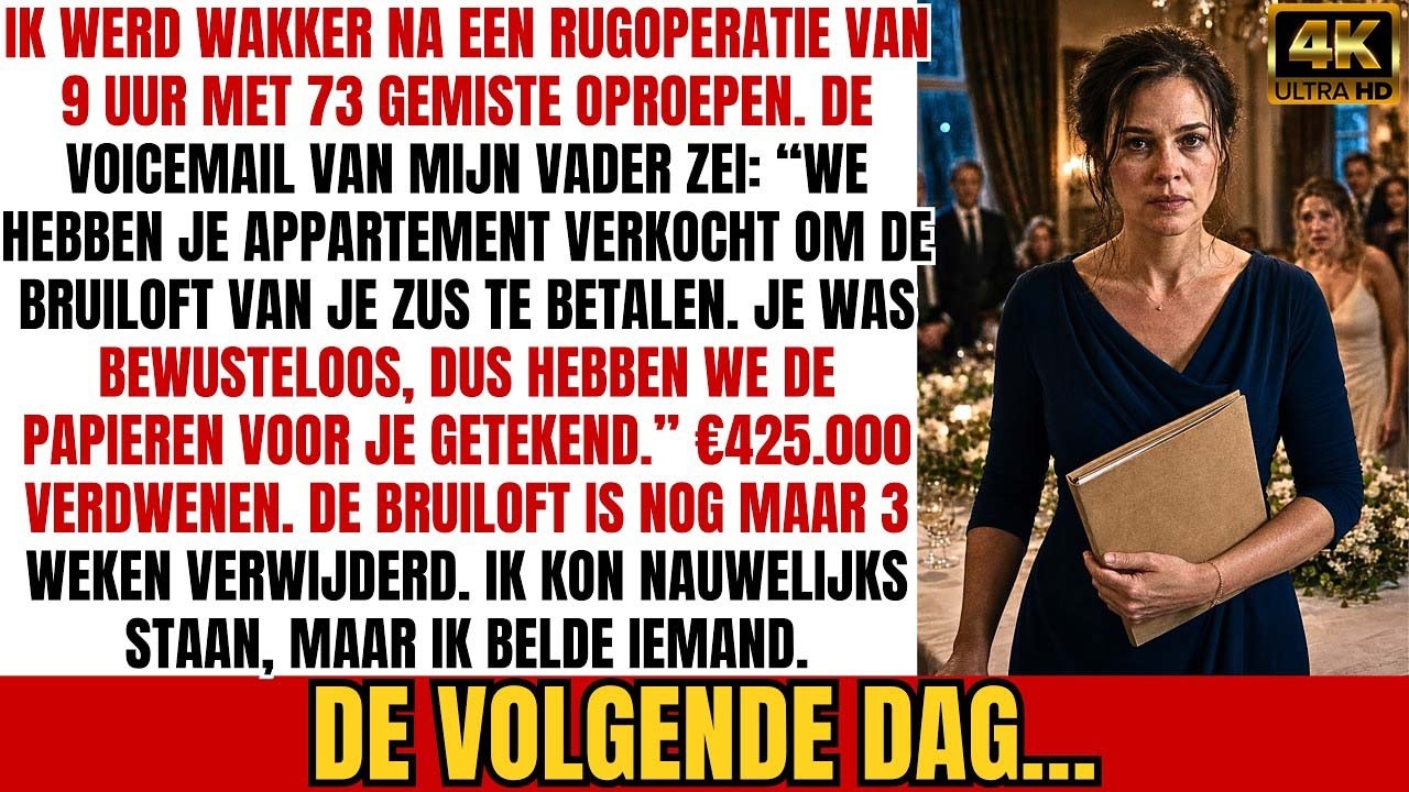 Ik werd wakker uit een negen uur durende rugoperatie met 73 gemiste oproepen en één voicemail van mijn vader: “We hebben je appartement verkocht om de bruiloft van je zus te betalen. Jij was...