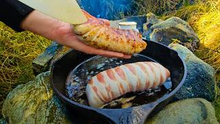 BaconWrapped Sandwich Roll in the Wilderness | Relaxing ASMR Outdoors Cooking