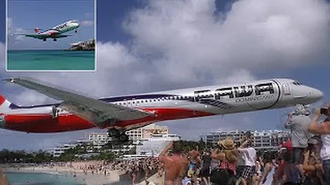Plane Low Landing Just Above Tourist' Heads on Maho Beach in Caribbean