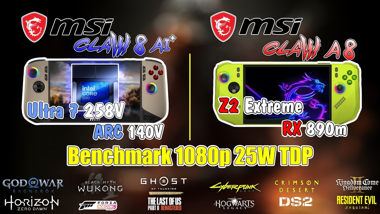 MSI Claw A8 vs MSI Claw 8 AI 12 Game Benchmark 1080p Medium 25W