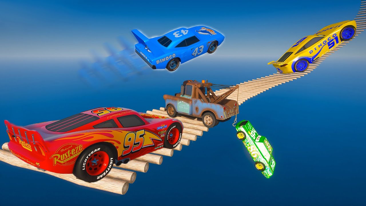 Epic Cars vs Logs   Challenge McQueen Mater The King Cruz Ramirez Chick Hicks Splash into Deep Water