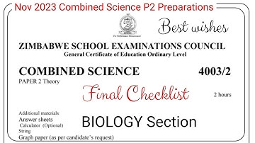 Zimsec Nov 2023, Combined Science Paper 2 , final preparations checklist for Biology section