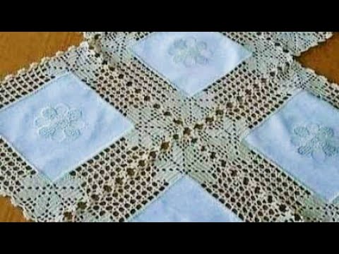 كروشيه مفرش سهل بدمج القماش مع الكروشيه والشغل على الحواف وطريقه تخريم