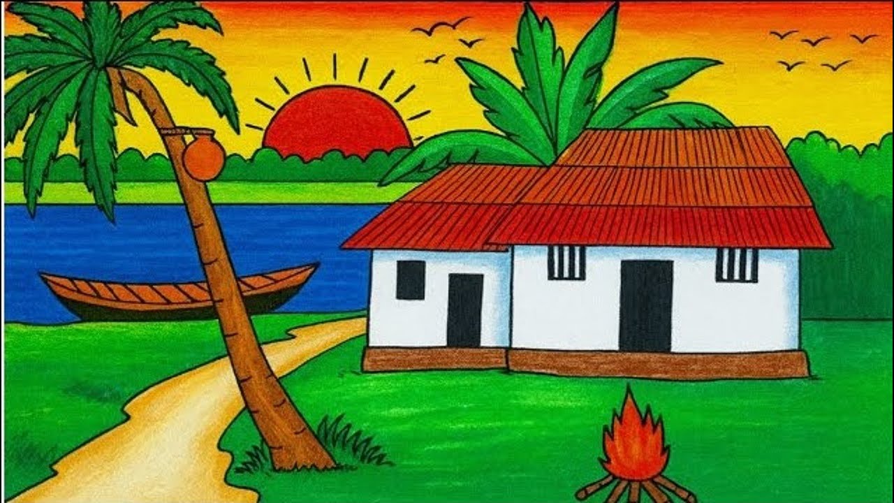 Village Winter Scenery Drawing | Winter Village Scenery Drawing | Easy Village Art