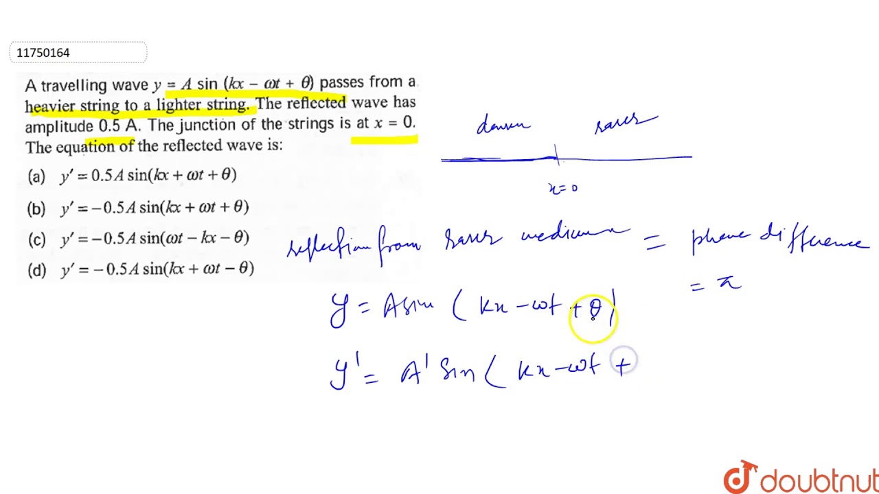 A travelling wave `y=Asin(kx-omegat+theta)` passes from a heavier ...