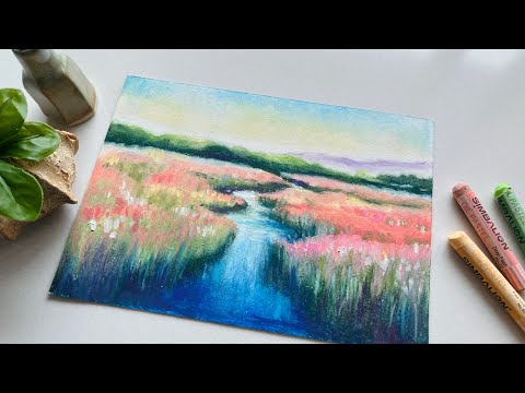 Oil Pastel Tips | 粉色草原的河畔 | 粉臘筆 油畫棒 油粉彩 繪畫技巧分享