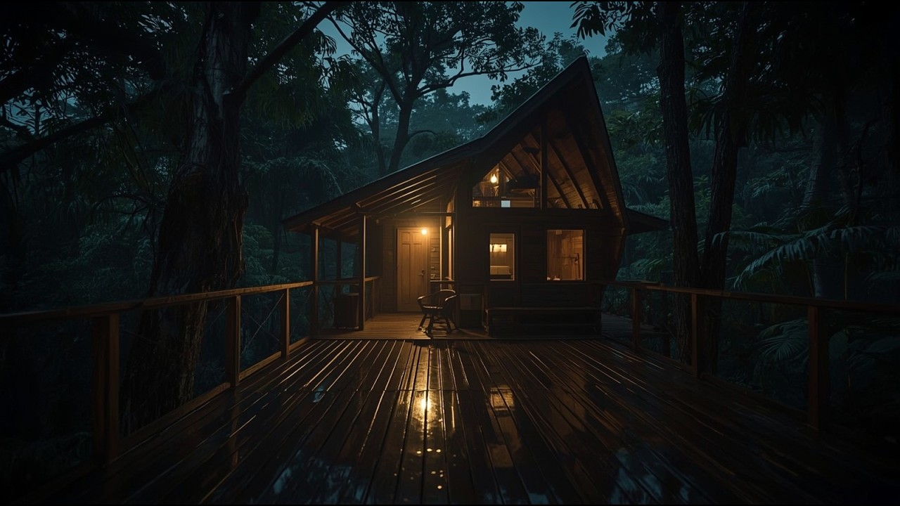 Cozy Rainy Cabin with Soft Guitar and Light Rain