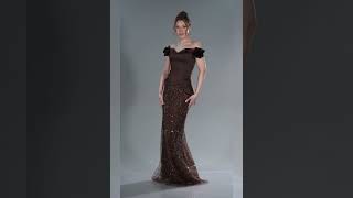 Kahve Kayık Yaka Çiçek Aplikeli Uzun Boncuklu Abiye Abu5616