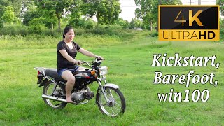 Kick starting the Honda win100 with bare feet 4k | Vespa Babes