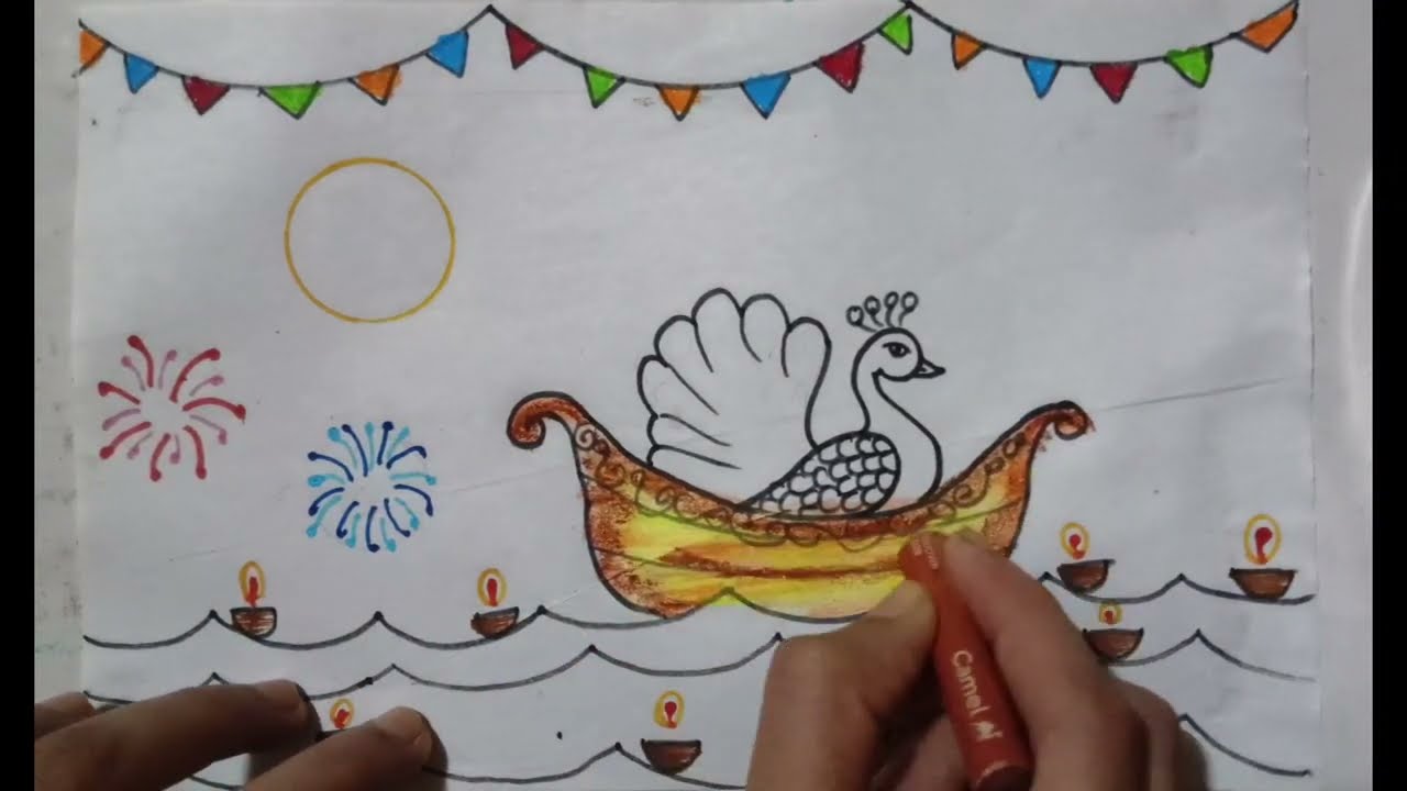 🌕 Karthik Purnima Drawing | Easy & Beautiful Festival Art for Kids | Step by Step Tutorial