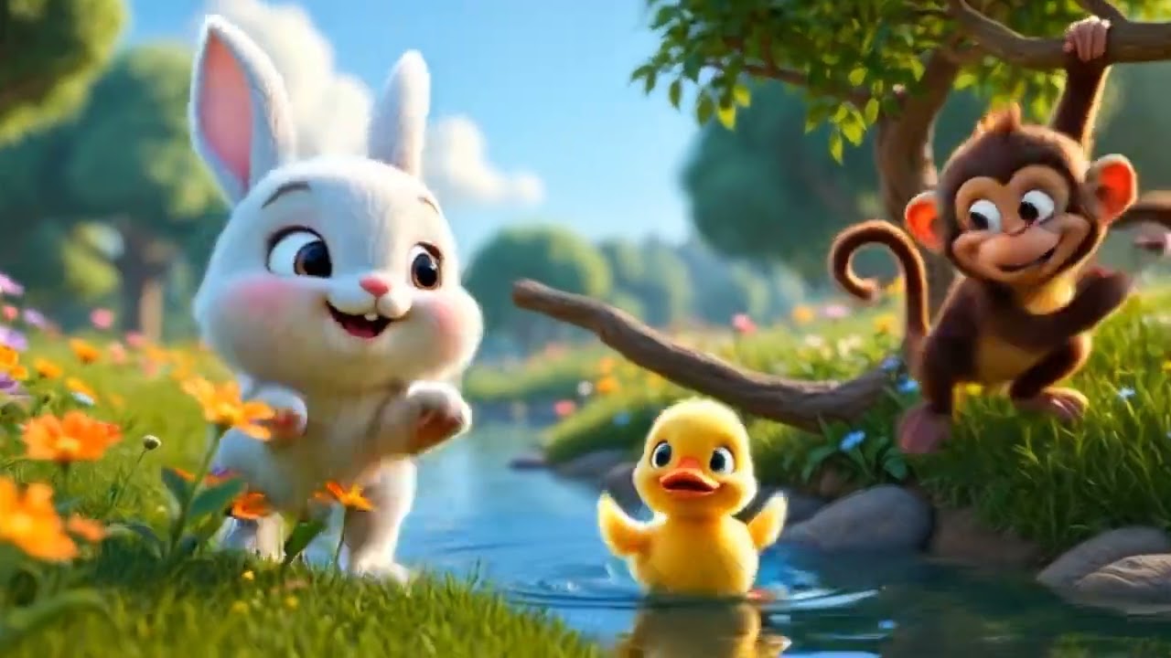 a tiny cute yellow mini duck splashing water, a playful brown monkey