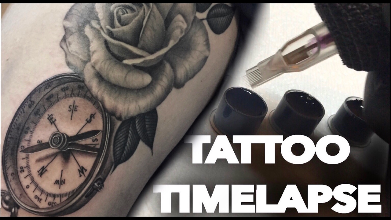 TATTOO TIME LAPSE / COMPASS AND ROSE / CONTINUATION OF REALISTIC THIGH  PIECE / BLACK AND GREY - YouTube