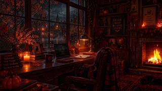 Cozy Retro Autumn Halloween Room ( No Ads ) | Rainy Ambience,  Sleepy Autumn Ambience