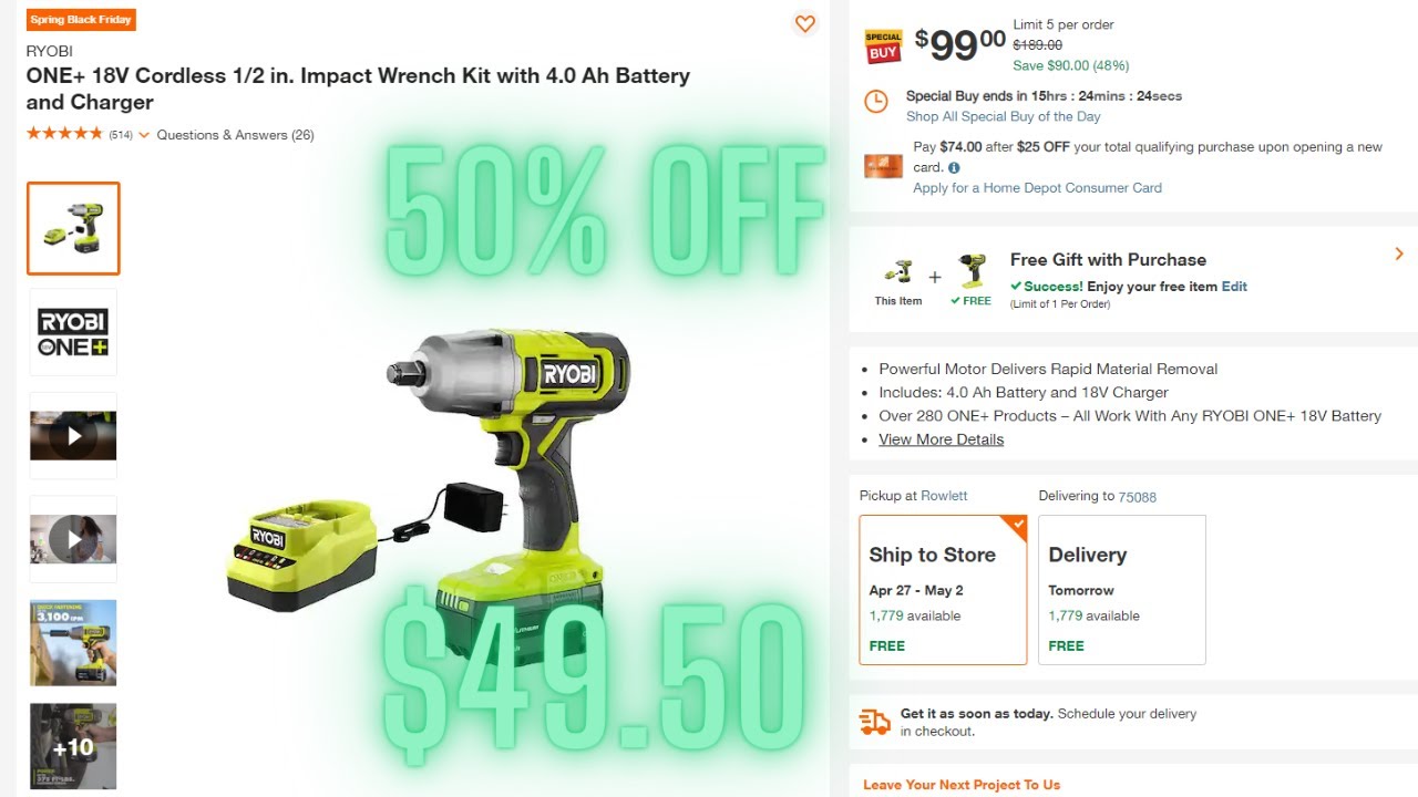 50 Off Ryobi Impact Wrench Kit!! 🔥🔥 Home Depot Deals Of The Day! YouTube