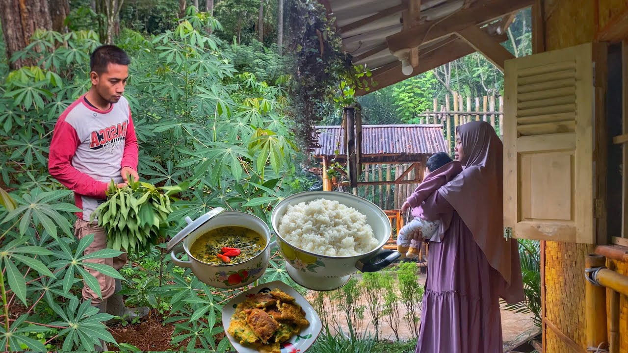 Простая деревенская кухня | сбор листьев маниоки и синтронга для приготовления | Жизнь в деревне