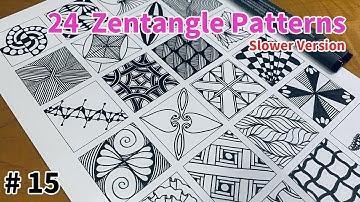 24 Zentangle Patterns Tutorial Step by Step for Beginners #15 | 24 Doodle Patterns | Slower Version