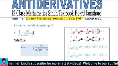 Exercise 6.2 Q.9 || 2nd year Mathematics Sindh Board || Chapter 6 Antiderivatives Ex 6.2 Question 9