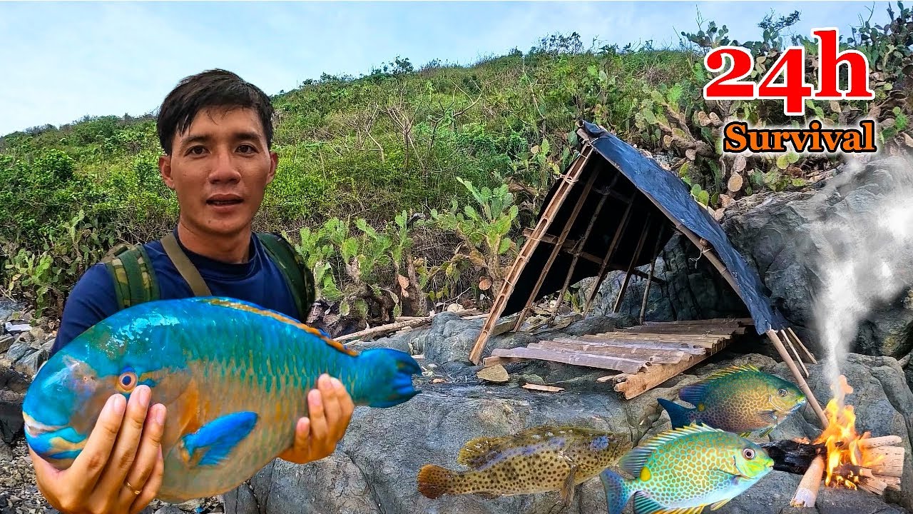 24h sống trên đảo hoang dựng trại săn đêm bội thu cá | 24 hour solo camping survival