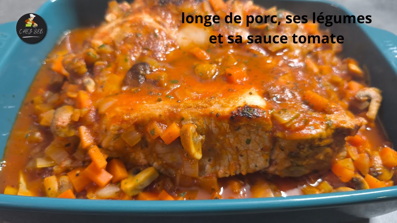 longe de porc , ses légumes et sa sauce tomate