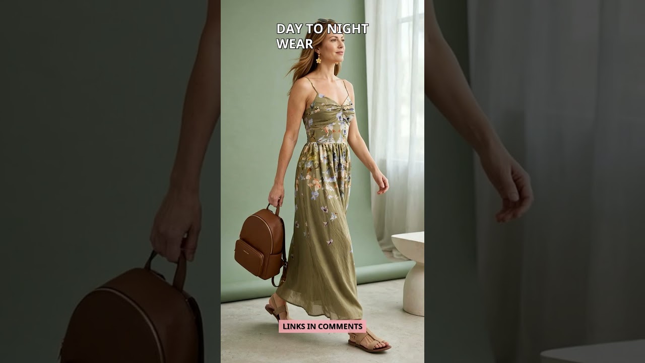 Model wearing the En Saison Yvette linen blend maxi dress paired with Cole Haan brown loafers, Michael Kors gold-tone leather