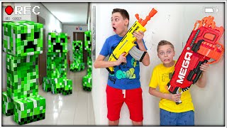 Caught on Security Camera: Minecraft Creepers in Our House!? | Nerf Minecraft Battle in Real Life