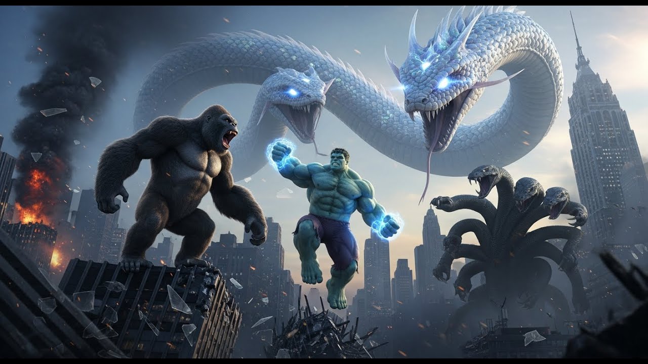 HULK & KONG TEAM-UP vs 9-HEADED HYDRA: INSANE NYC Kaiju Battle