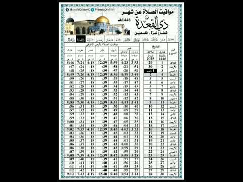 مواقيت الصلاة لقطاع غزة عن شهر ذوالقعدة 1446ه 2025م