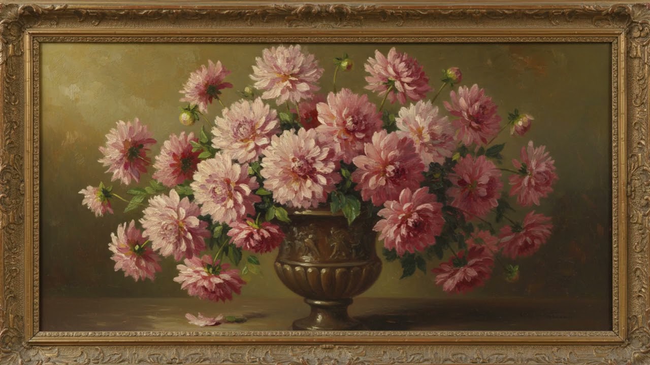 🌸Pink Dahlias 🌸| Art Frame Screensaver for TV | Slideshow | Vintage Oil Painting with a Gilded frame