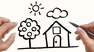 رسم منزل سهل / رسم حديقة منزل / رسم منظر طبيعي / رسم سهل / تعليم الرسم للمبتدئين خطوة بخطوة
