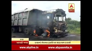 Villagers  fire to truck and protest after death of a motorcyclist in accident in kutch