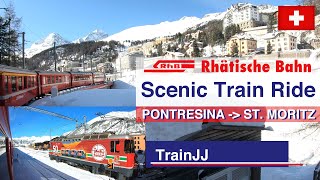 4K RhB Pontresina to St. Moritz Train Ride in the snow | Bernina Express route Switzerland