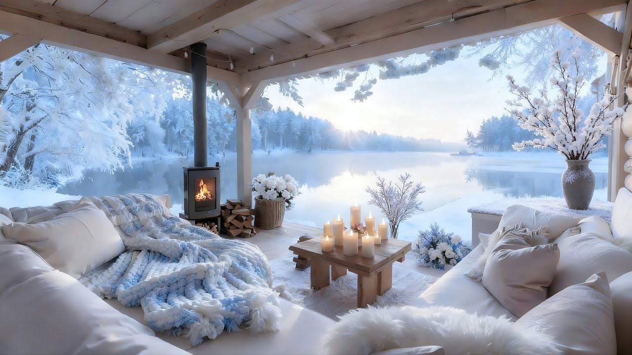 Winter Sounds Ambience ❄️ Cozy Christmas Porch Campfire & Snow Falling Piano Music by the River 🔥