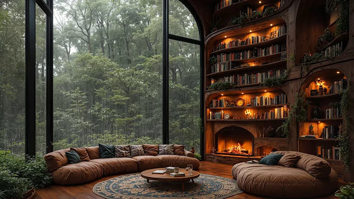 Jazz Relaxing Music - Rainy Day at Cozy House Inside Forest with Gentle Rain, Fireplace Sounds 🌧️🔥
