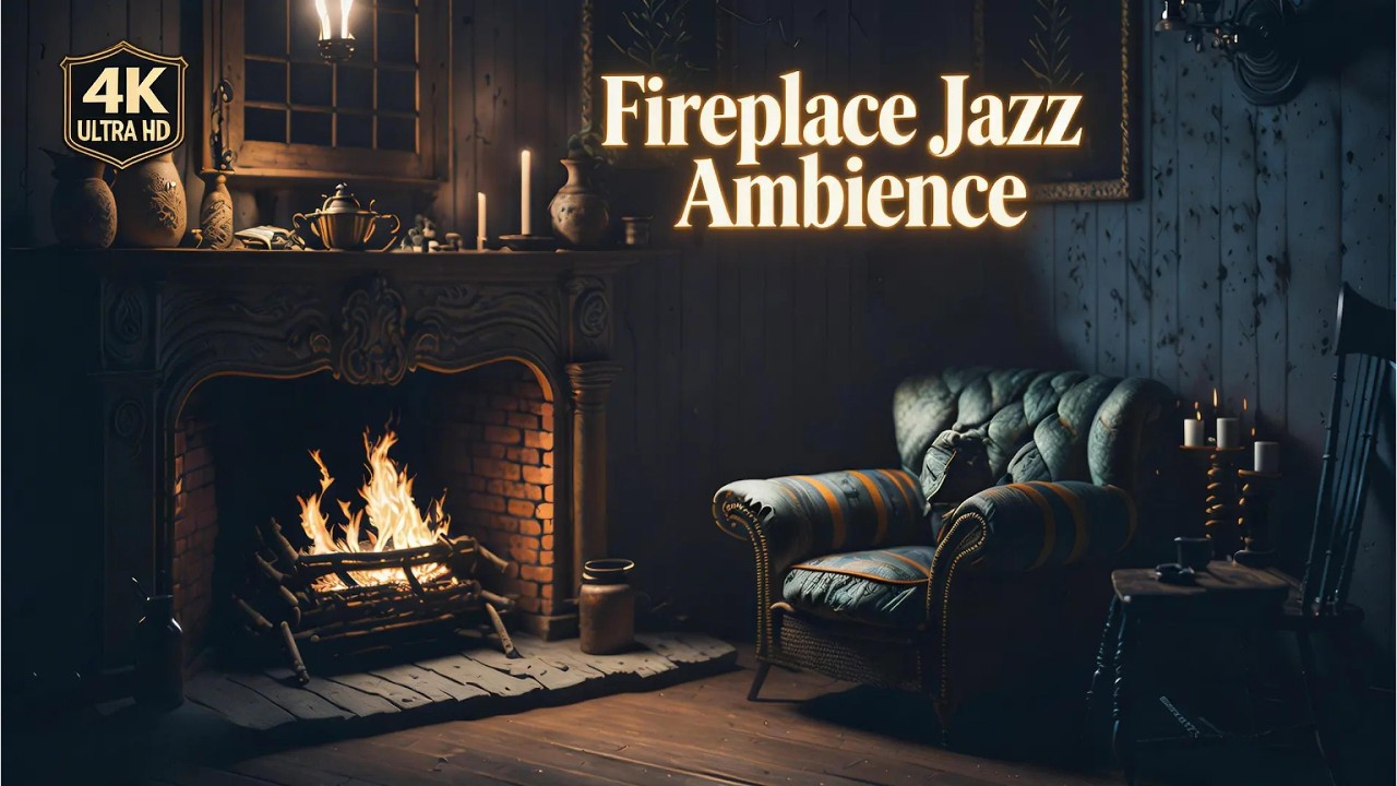 Fireplace Jazz Ambience 🔥 Cozy Night Cabin | 4K Relaxing Background Music