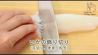 【下処理】【飾り切り】イカの飾り切り３種(花切り・唐草・松笠)【イカの切り方】