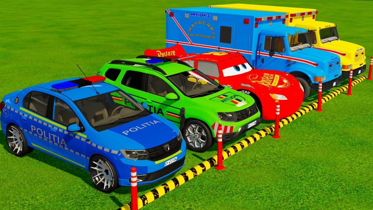 TRANSPORTING DACIA LOGAN DUSTER MCQUEN AMBULANCE VEHICLE ON MAN TRUCKS