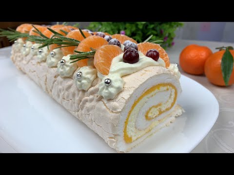 Видео рецепт Меренговый рулет с мандаринами