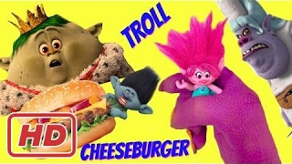 Dreamworks Trolls Movie Poppy Branch in Cheeseburger Hotdog for Bergens to Eat!