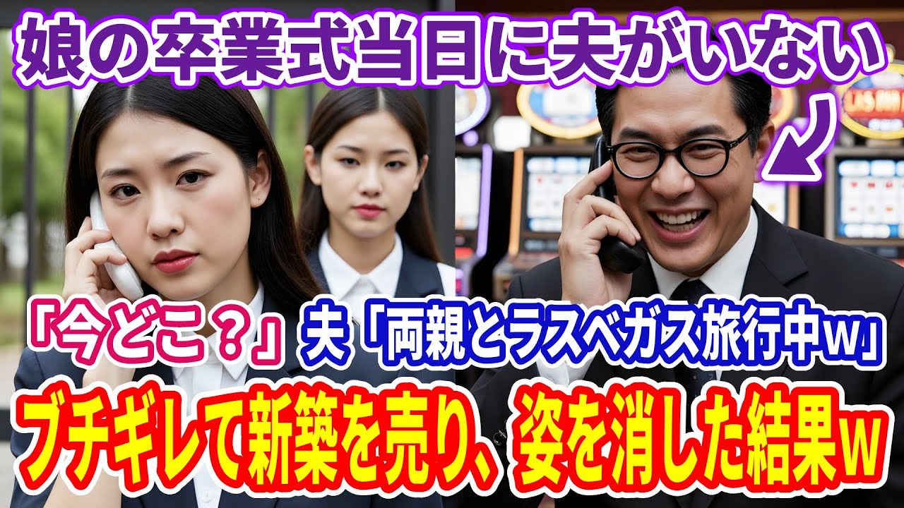 【スカッとする話】娘の卒業式当日に夫がいない…私「今どこ?」夫「両親とラスベガス旅行中w」私「娘の卒業式なのに?」キレた私は新築の家を売り払い娘と姿を消した結果w