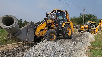 Installing Concrete Pipe in Drain and Leveling Road With JCB Backhoe Machine - JCB Dozer Video