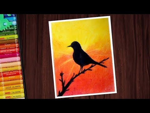 Easy bird sunset scenery drawing with oil pastels - step by step - YouTube