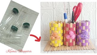 Ide Kreatif Stik Es Krim || Tempat Pensil Dari Botol Plastik Bekas Dan Stik Es Krim