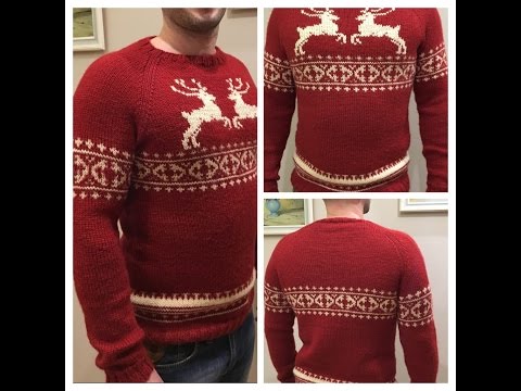 Вязание спицами мужской свитер с оленями