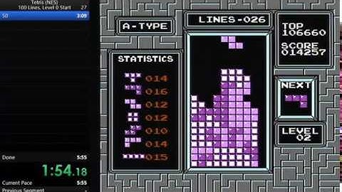 NES Tetris 100 Lines Level 0 Start in 5:18.89