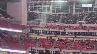 Water pours from the ceiling at NRG Stadium Saturday night during Monster Jam