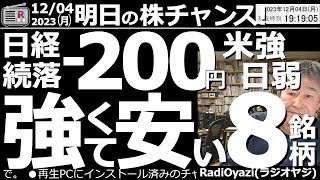 【投資情報】明日の株チャンス！23年12月４日(月)。テーマ：日経続落－200円。強くて安い８銘柄を紹介。注目銘柄：9090AZ、7716ナカニシ、2767円谷、3150グリム、6707サンケン、他