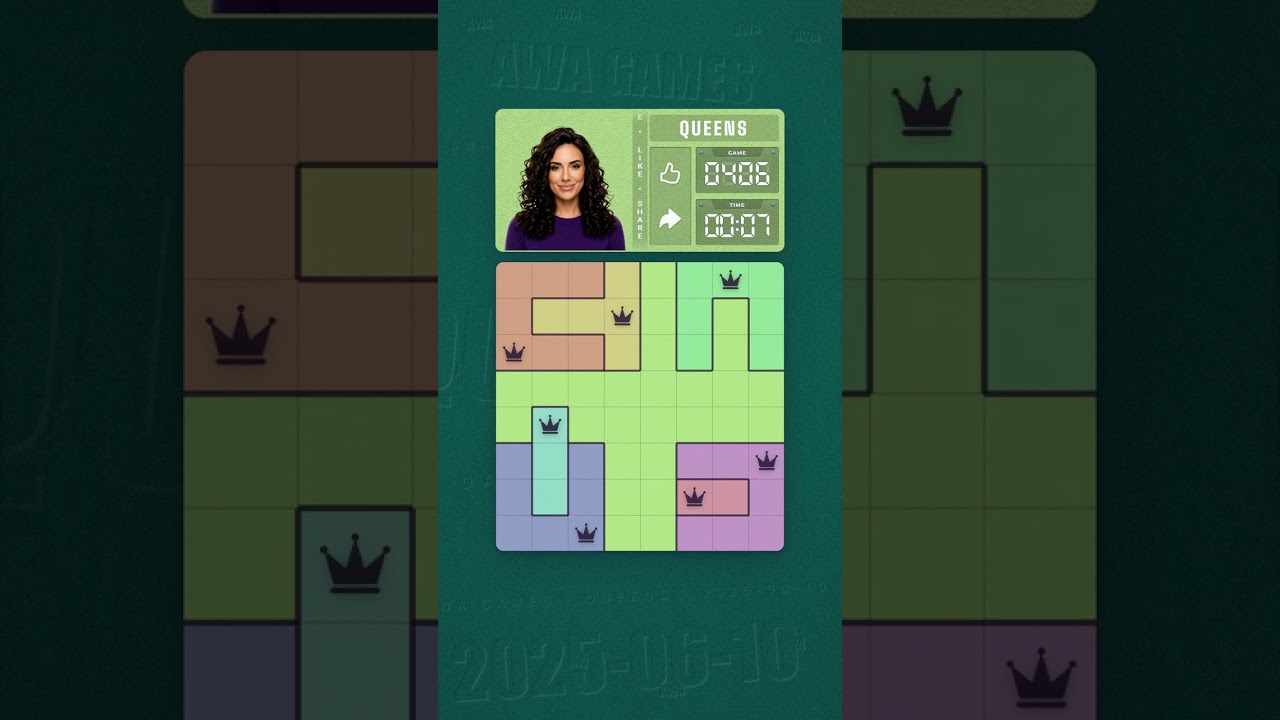 LinkedIn Queens #406 solved board for June 10, 2025, 8x8 grid