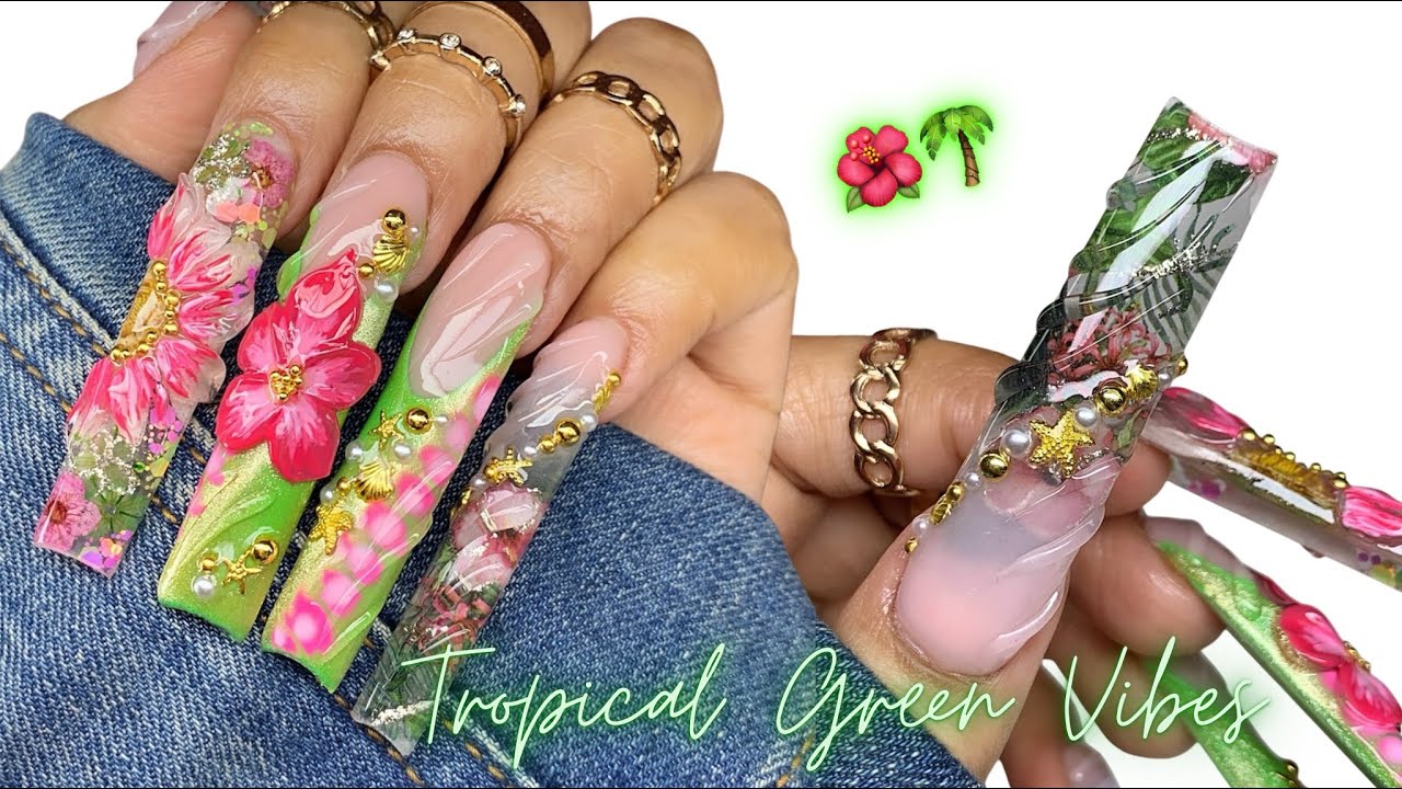 GREEN TROPICAL SUMMER NAILS 🌺🌴/ MAXIMALIST NAILS / ACRYLIC NAILS 