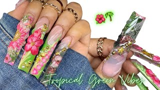 GREEN TROPICAL SUMMER NAILS 🌺🌴/ MAXIMALIST NAILS / ACRYLIC NAILS 
