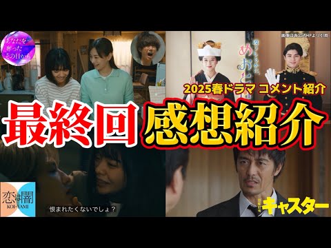 2025年春ドラマ最終回感想紹介動画＆ドラマ考察。日曜劇場キャスター、あなたを奪ったその日から、対岸の家事、恋は闇、波うららかに、めおと日和。